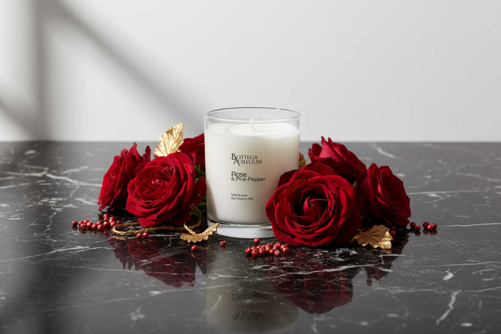 Luxury Rose & Pink Pepper candle on black marble